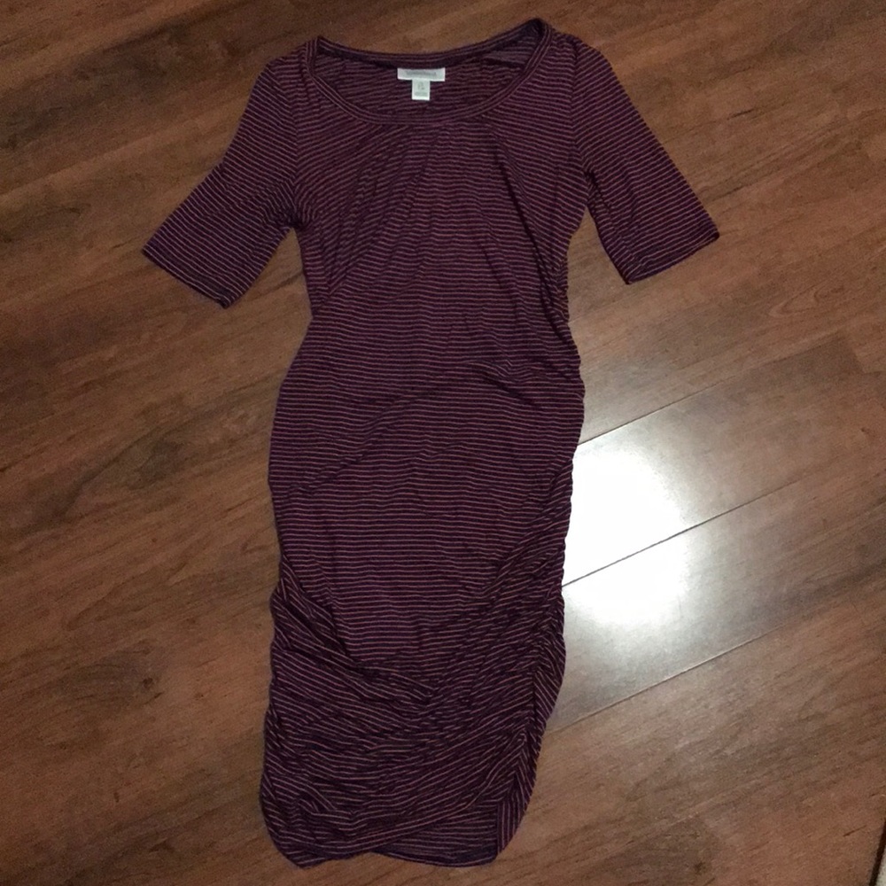 Navy and pink striped maternity dress